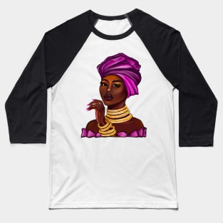 side eye Queen  Black is beautiful black girl with Gold bangles, neck ring necklace, purple dress and head wrap, brown eyes and dark brown skin ! Baseball T-Shirt